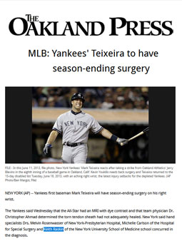 dr keith raskin recognition, the oakland press: mlb yankees' teixeira surgery