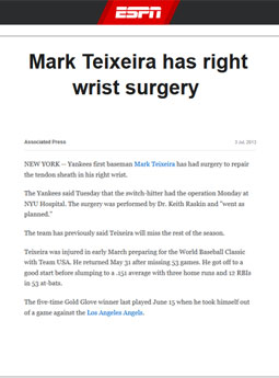 dr keith raskin recognition ESPN mark teixeria wrist surgery
