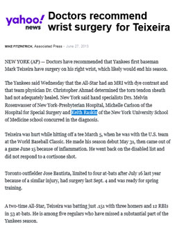 dr keith raskin recognition, yahoo news: doctors recommend wrist surgery for teixeira